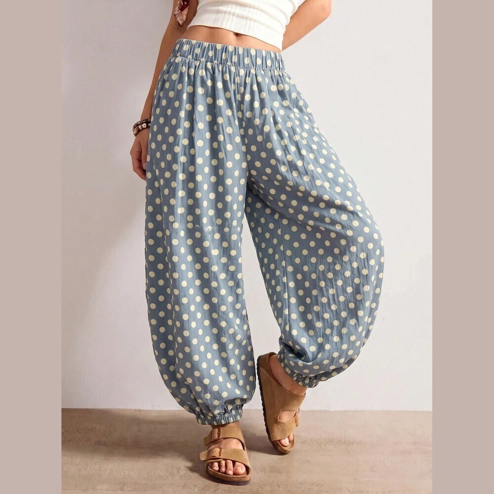 Blue Polka Dot Balloon Harem Pants with Elastic Cuffs